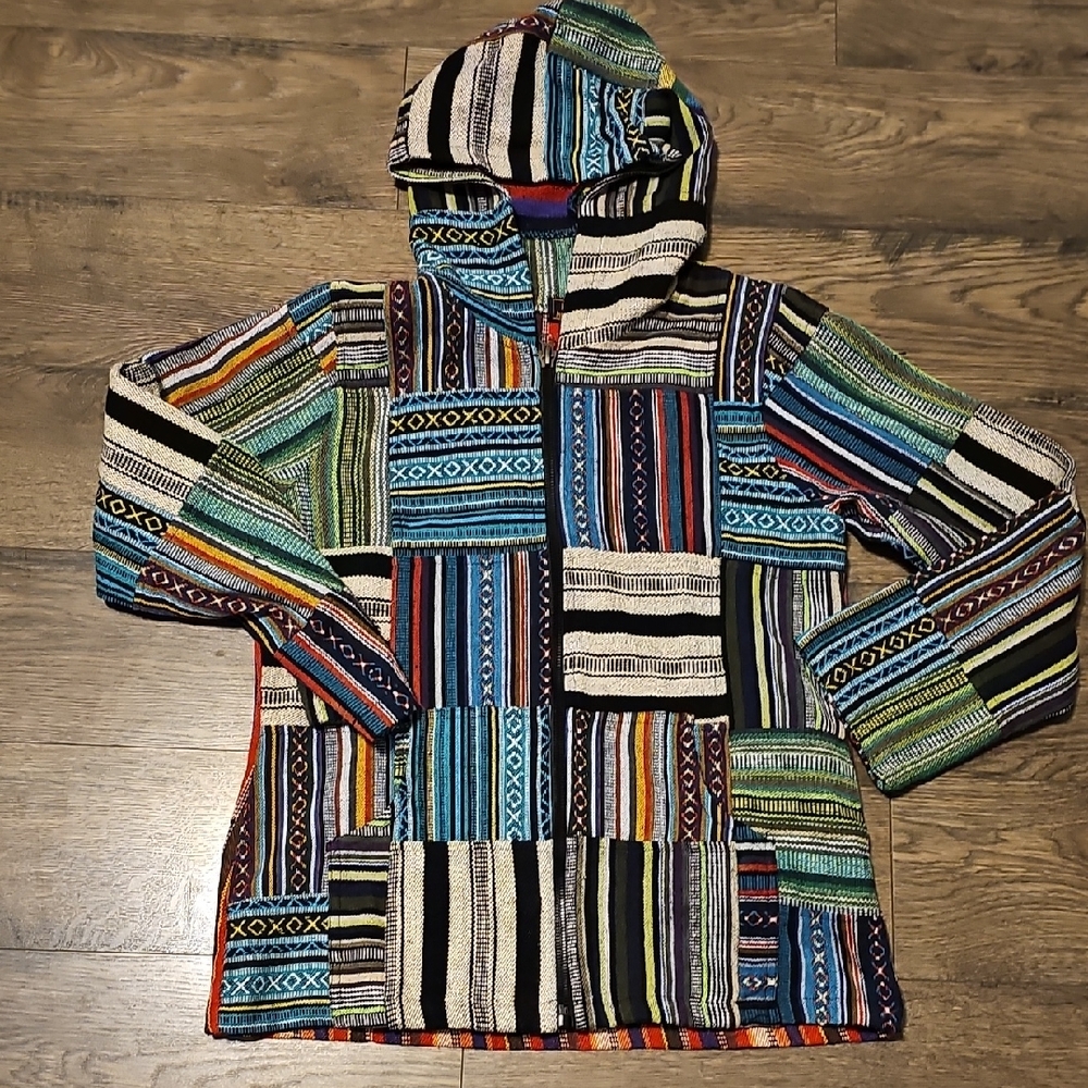 Patchwork Jacket Rising International Medium Pull Over Bohemian Baja Coat Nwot